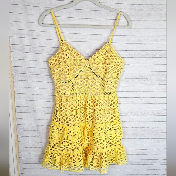 LULU'S Beauty and Lace Yellow Crochet Lace Mini Dress, sz Small - Picture 2 of 16